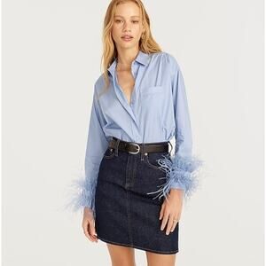 J. Crew Collection Feather Trim Poplin Button Up Shirt Blue Oversized US 0 NWT